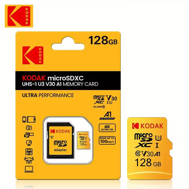 بطاقة ذاكرة Micro SD من Kodak بسعات 16GB و32GB و64GB و128GB و256GB، فئة Class 10 بمعايير U3 وV30 وA1، لكاميرات السيارات وأجهزة الكمبيوتر والمزيد