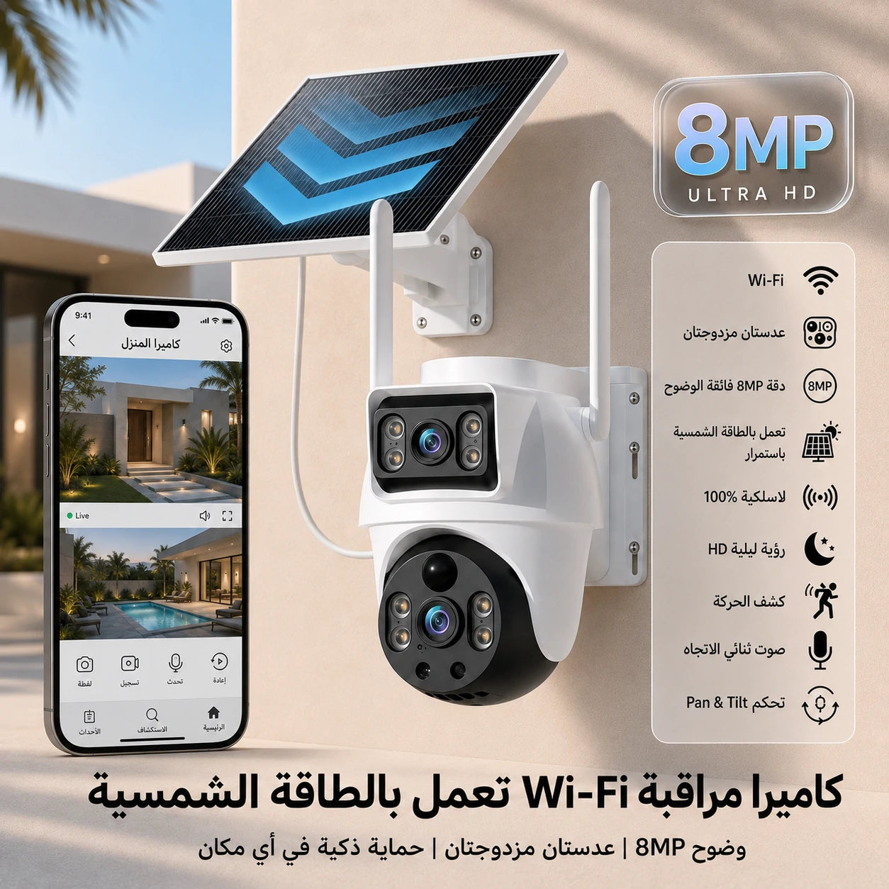 كاميرا مراقبة XIAOVV بالطاقة الشمسية و Wi-Fi | عدسة مزدوجة 8MP، 360° (واي فاي 2.4G فقط، بدون شريحة)
