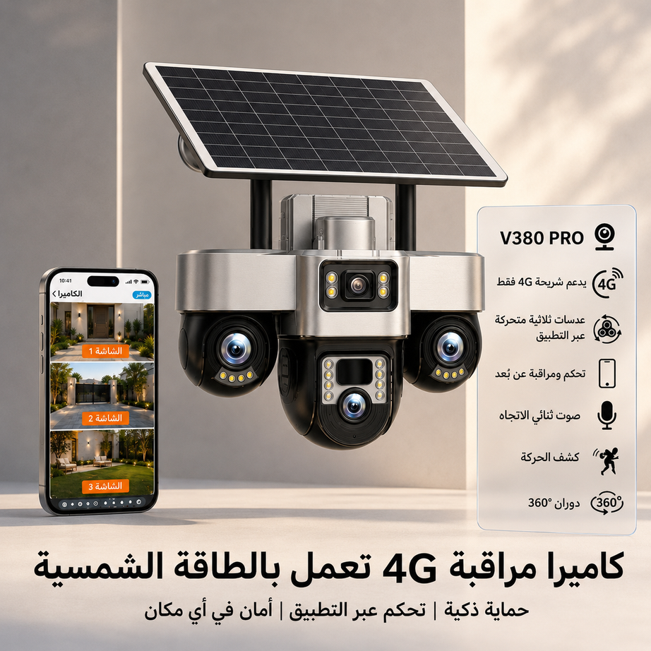 كاميرا مراقبة ذكية بالطاقة الشمسية 4G | ثلاث عدسات متحركة بموتور، 360° (شريحة بيانات فقط، بدون واي فاي)